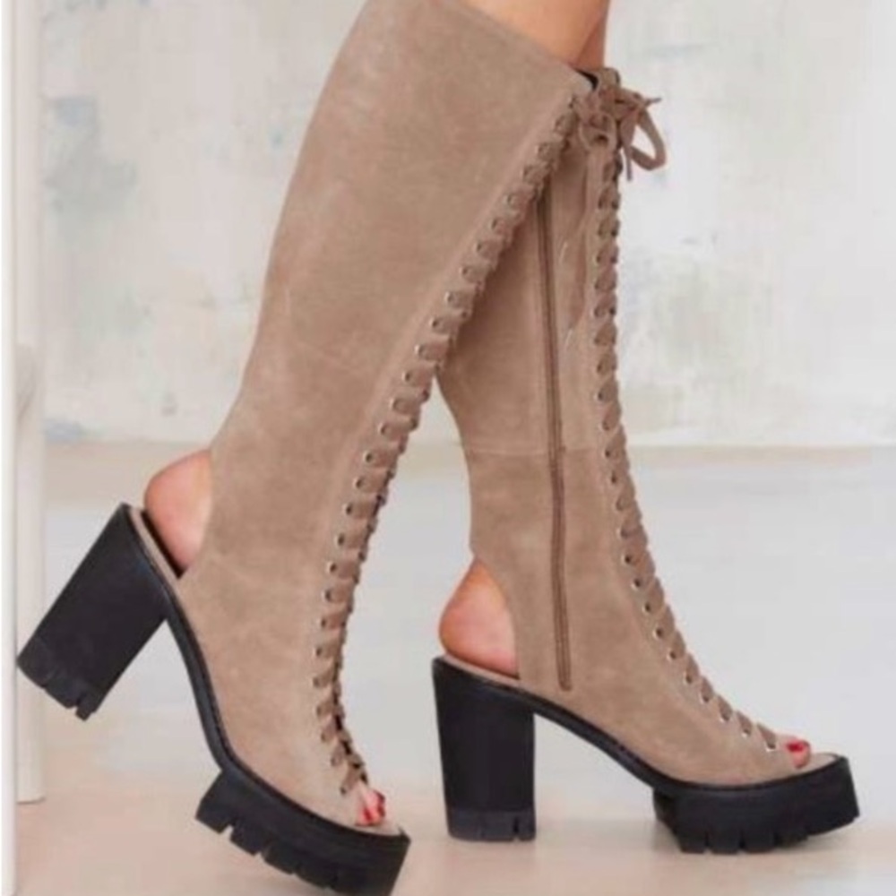 Suede Taupe Peep-Toe Lace-Up Knee-High Heeled Boots